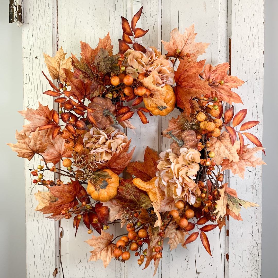 Harvest Fall Wreaths, Orange Hydrangea Wreath, Fall Pumpkin Wreath for ...