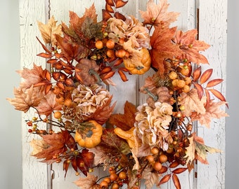 Harvest Fall Wreaths, Orange Hydrangea Wreath, Fall Pumpkin Wreath for Front Door, Country Cottage Fall