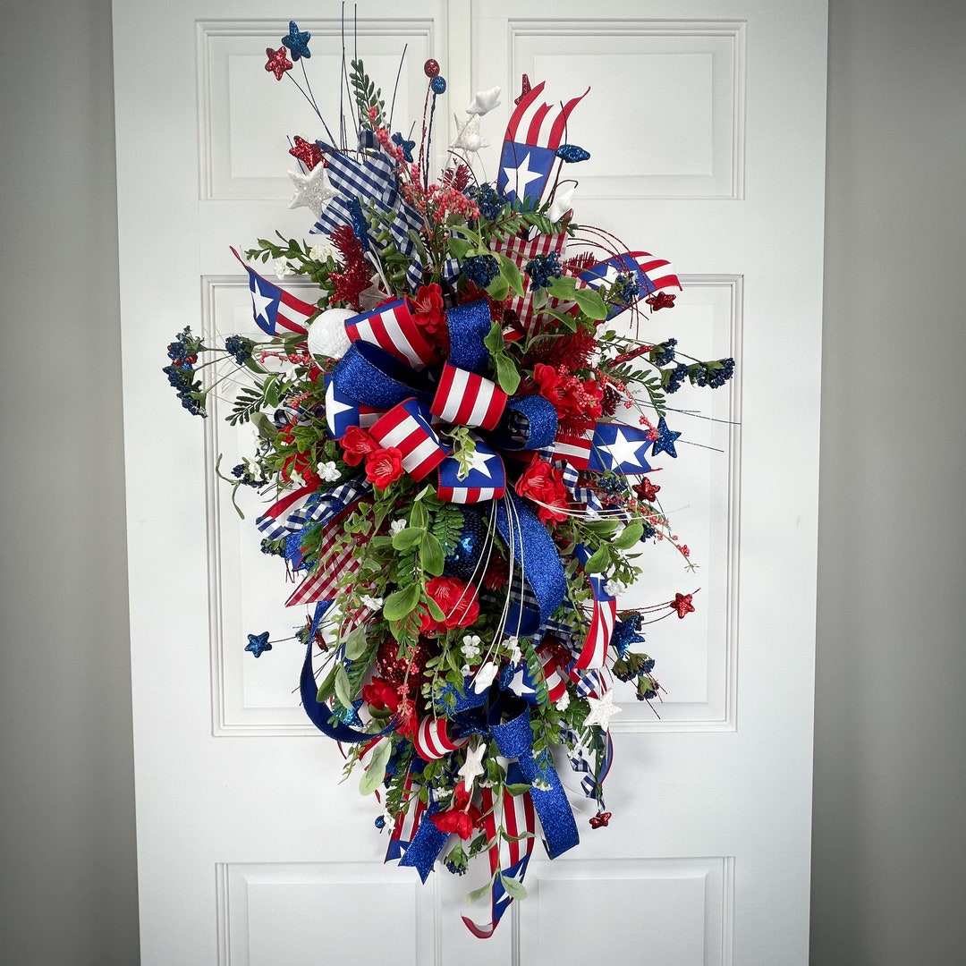 Patriotic Red White Blue Teardrop Swag Wreath, Elegant 4th of July ...