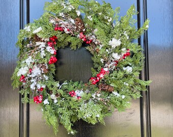 Artificial Snow Berry Cedar Wreath, Winter Pine Wreath, Realistic Flocked Wreath for Holiday, Farmhouse Mantle or Mirror Wreath, Gift Idea