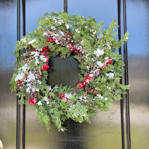 Artificial Snow Berry Cedar Wreath, Winter Pine Wreath, Realistic