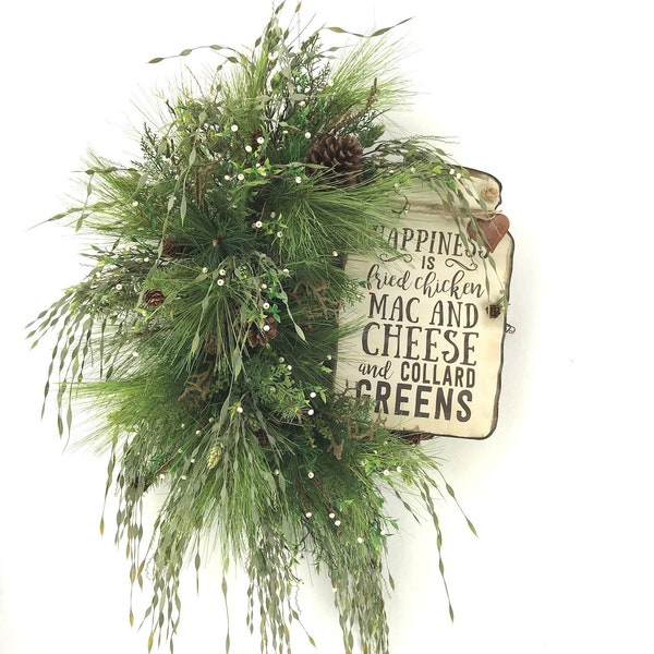 Year Round Southern Wreath for Front Door, Greenery Wreath Mac & Cheese sign, Winter Wreath For Outdoors, Farmhouse Kitchen Wreath,