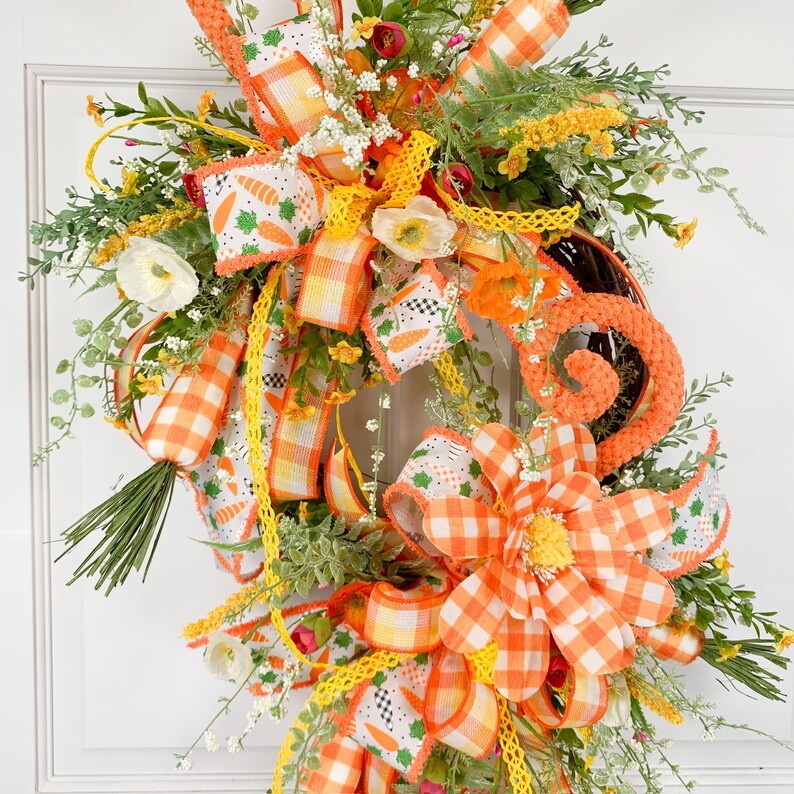 Easter Carrot Wreath for Front Door or Home, Orange Yellow Buffalo Plaid Floral Grapevine image 5