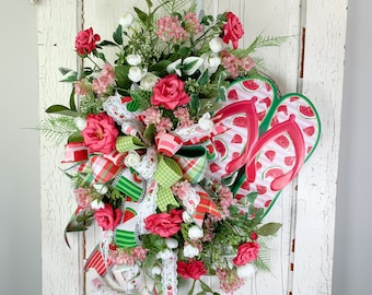 Watermelon Flip Flop Summer Wreath for Front Door, Designer Pink Rose Wreath for Porch, Artificial Pink Flower Wreath for Summer Door