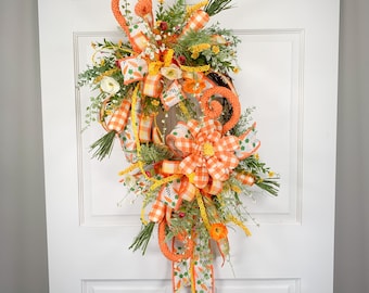 Easter Carrot Wreath for Front Door or Home, Orange Yellow Buffalo Plaid Floral Grapevine