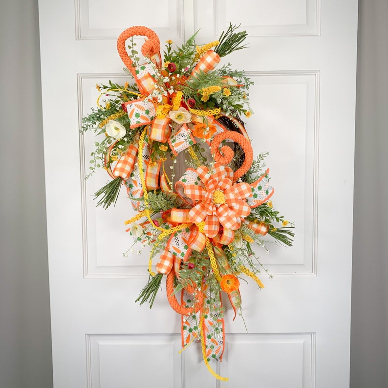 Easter Carrot Wreath for Front Door or Home, Orange Yellow Buffalo Plaid Floral Grapevine image 1