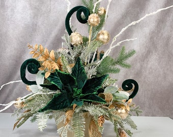 Handmade Emerald Green Gold Christmas Arrangement, Seasonal Holiday Centerpiece for Table