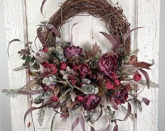 Faux Fall Peony Wreath, Burgundy Fall Wreath for Front Door, Elegant Fall Home Decor Wreath, Artificial Wreath for Front Porch