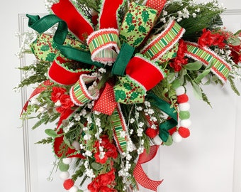 Holiday Corner Swag Wreath, Christmas Red and Green Wreath, Whimsical Silk Flower Swag