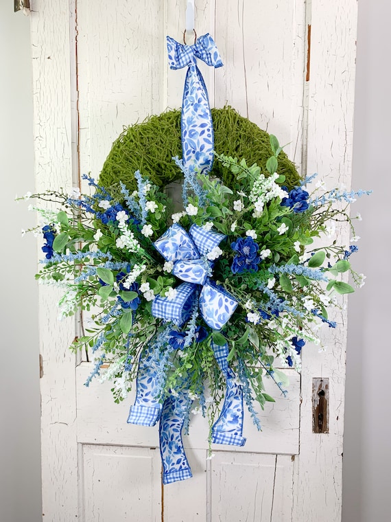 Blue and White Moss Wreath, Country Door Wreath, Spring or Summer Decor