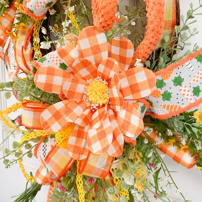 Easter Carrot Wreath for Front Door or Home, Orange Yellow Buffalo Plaid Floral Grapevine image 3