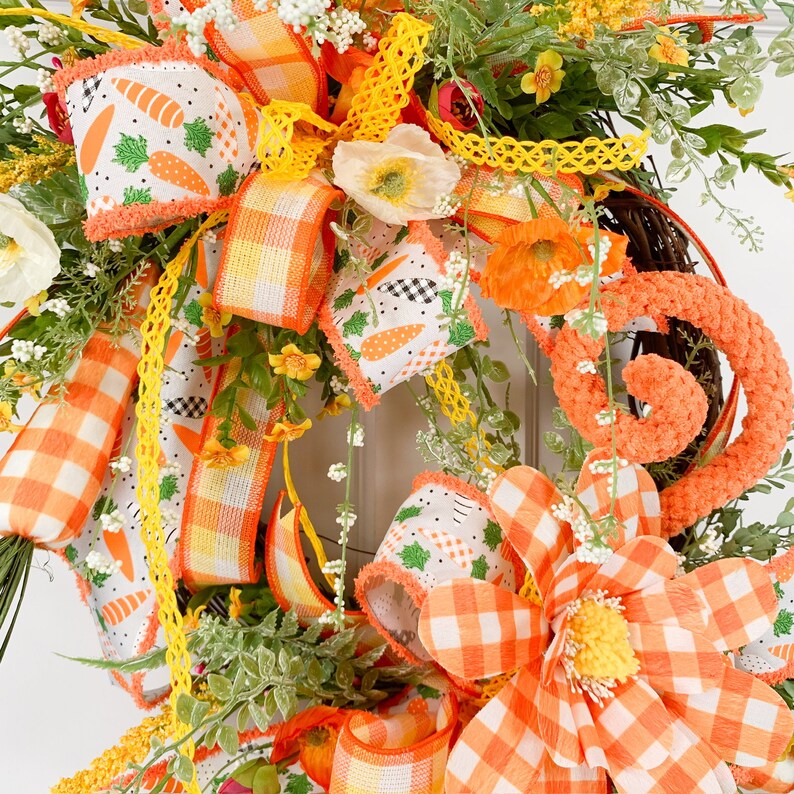 Easter Carrot Wreath for Front Door or Home, Orange Yellow Buffalo Plaid Floral Grapevine image 7