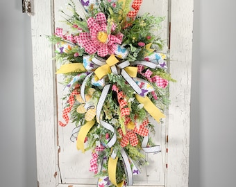 Houndstooth Daisy Teardrop Swag, Colorful Summer Wreath for Front Door