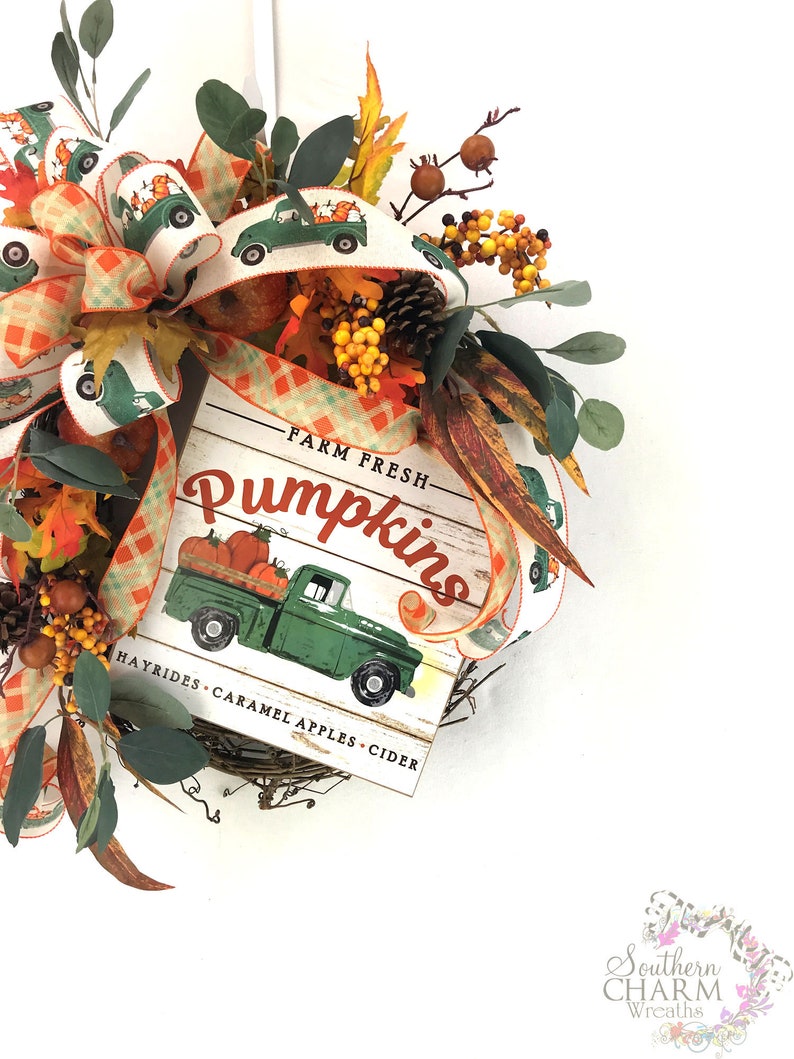 Leaf Wreath Red Truck D\u00e9cor Rustic Fall Wreath Autumn Home Decor Fall Pumpkin Wreath Vintage Truck Front Door Farmhouse Door