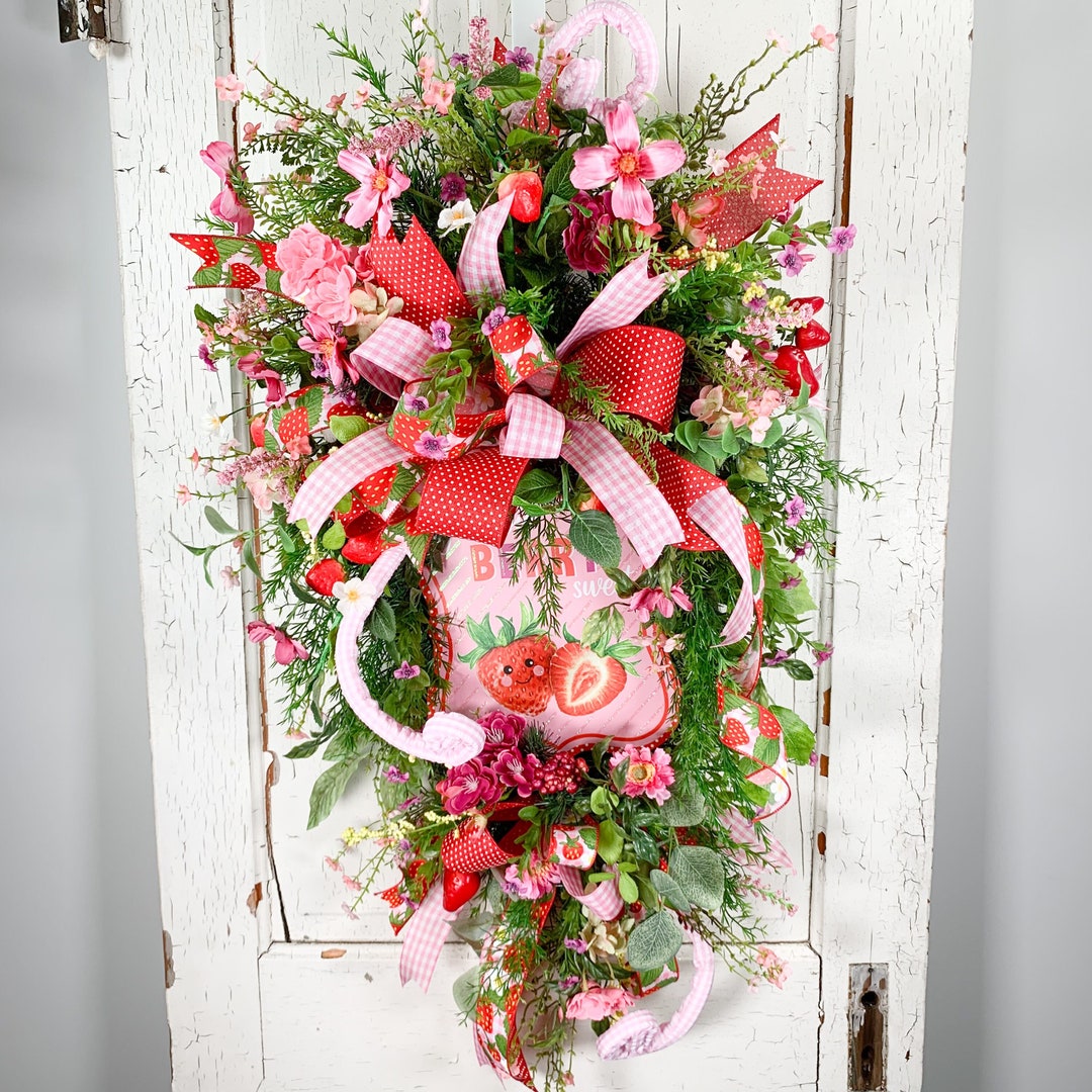 Floral Strawberry Teardrop Swag Wreath for Front Door, Pink Summer