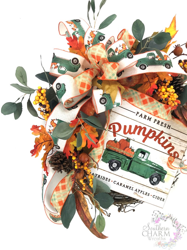 Leaf Wreath Red Truck D\u00e9cor Rustic Fall Wreath Autumn Home Decor Fall Pumpkin Wreath Vintage Truck Front Door Farmhouse Door