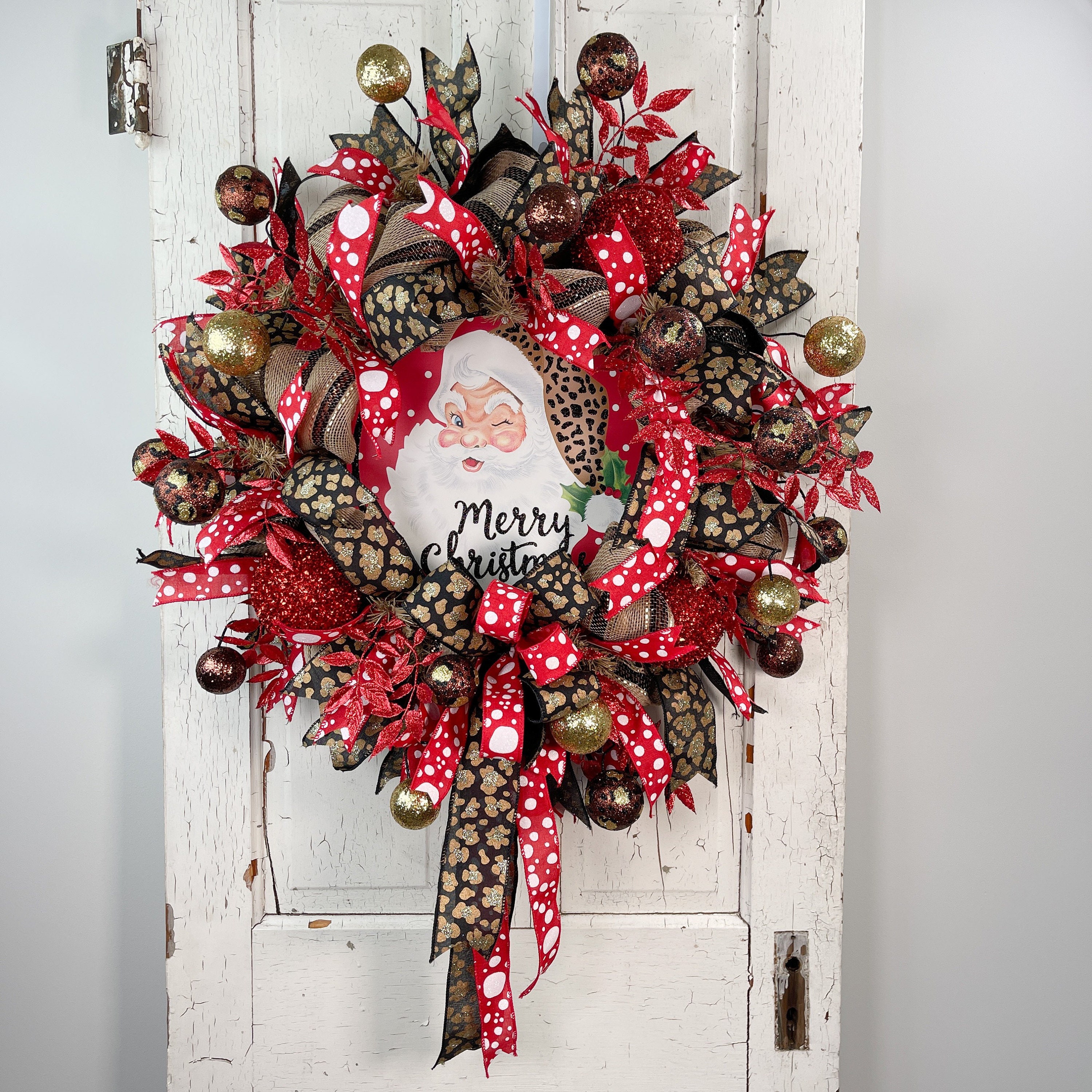Santa Christmas Wreath for Front Door, Leopard Print Holiday