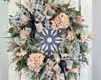 Artificial Snowflake Winter Hydrangea Pine Cone Wreath for Front Door, Not Christmas Wreath, Black Buffalo Plaid Rustic Snowflake Wreath