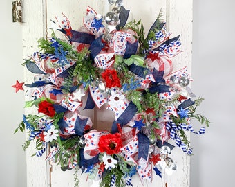 Patriotic Fourth of July Wreath for Front Door, Red White and Blue Mesh Americana Summer Wreath