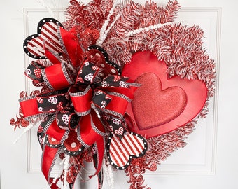 Valentines Day Wreath for Door, Red and Black Heart Circle with Bow, Gift for her