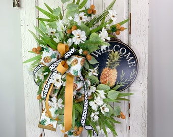 Summer Pineapple Grapevine Wreath for Front Door, Fruit Wreath with Welcome Sign, Tropical Summer Decor