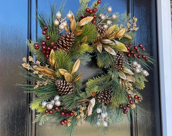 Glam Christmas Wreath in Copper and Gold for Front Door with Pine Cones and Berries, Gold Holiday Wreath