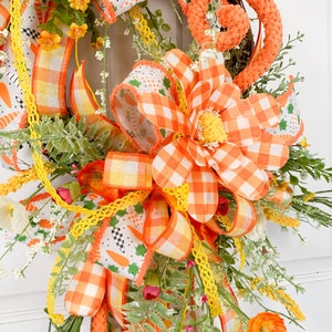 Easter Carrot Wreath for Front Door or Home, Orange Yellow Buffalo Plaid Floral Grapevine image 4