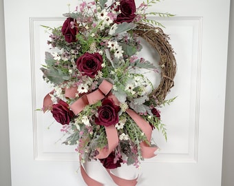 Elegant Valentines Rose Wreath for Front Door, Outdoor Vday Wreath, Realistic Silk Flowers on Grapevine Wreath