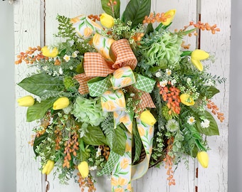 Natural Looking Yellow Tulip Wreath for Front Door with Bow, Silk Flower Wreath for Spring and Summer