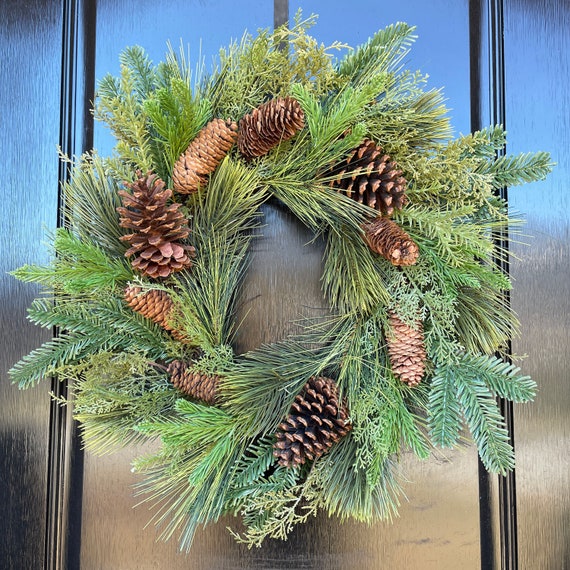 Long Needle Pine Wreath with Pine Cones for Natural Looking Winter