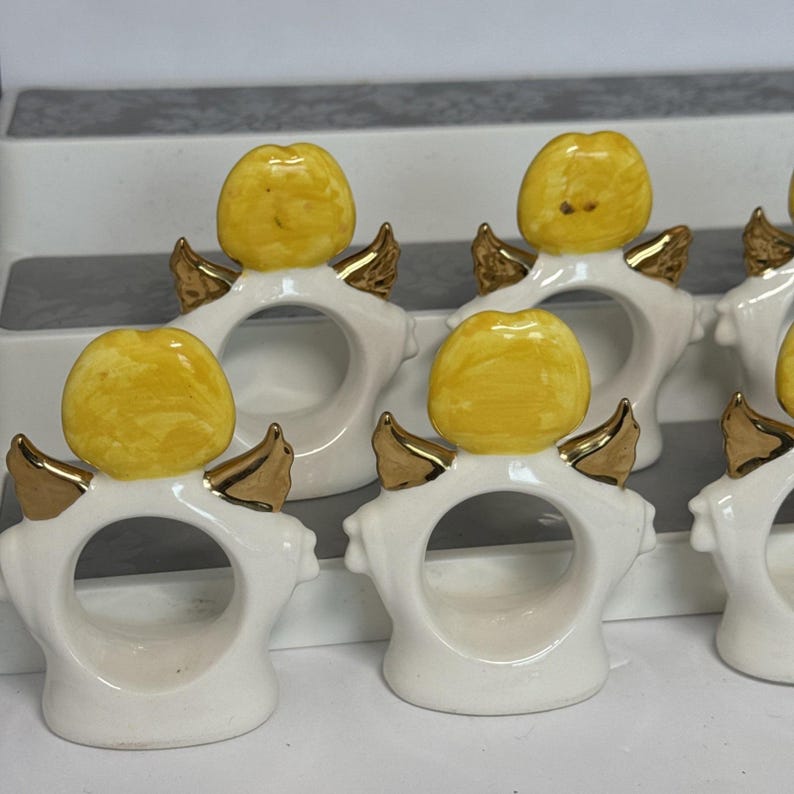 VTG Ceramic Set 8 Standing Angel Napkin Holders Rings White Christmas Dinner image 5