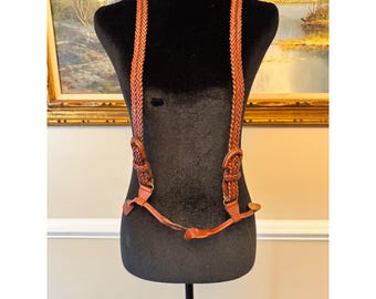 Vintage Braided Leather Suspenders Y-Back Button On Woven Cognac Brown Braces