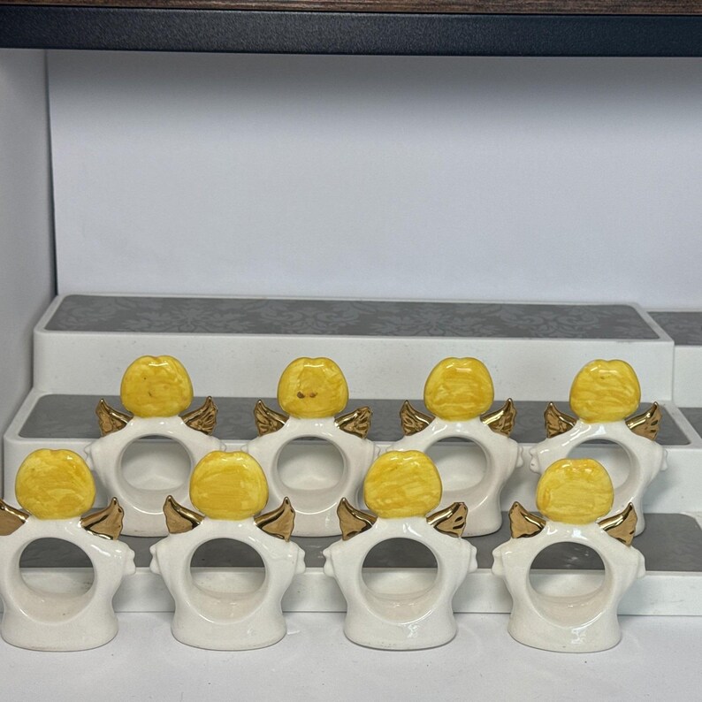 VTG Ceramic Set 8 Standing Angel Napkin Holders Rings White Christmas Dinner image 4