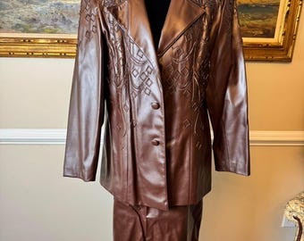 Vintage Brown Faux Leather Beaded Skirt Suit Set Size 18