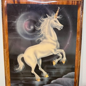 Vintage Unicorn Wall Art Lacquered Shellac Wood Plaque Magical