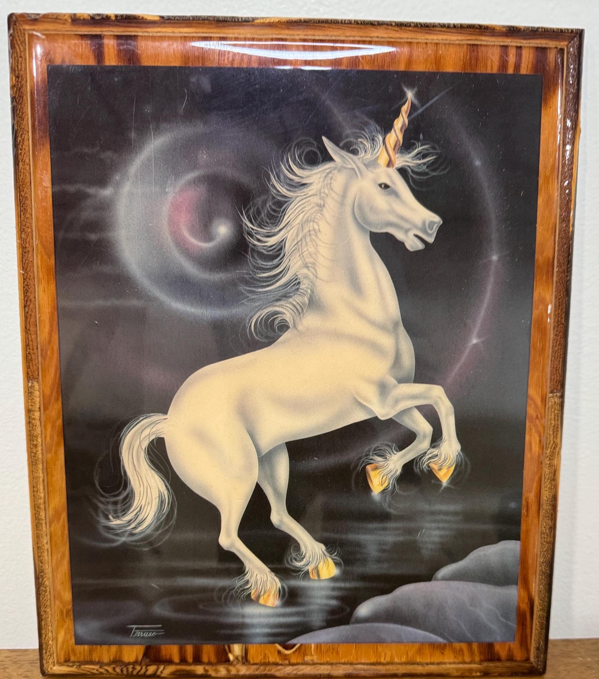 Vintage Unicorn Wall Art Lacquered Shellac Wood Plaque Magical