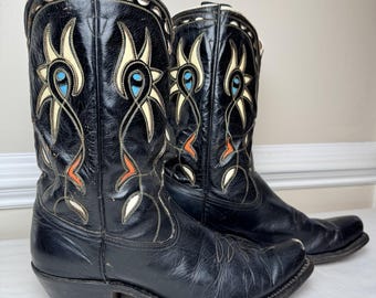 Vintage ACME Cowboy Boots 1940s 50s Black Leather Inlay Shorty Pee Wee Sz 8