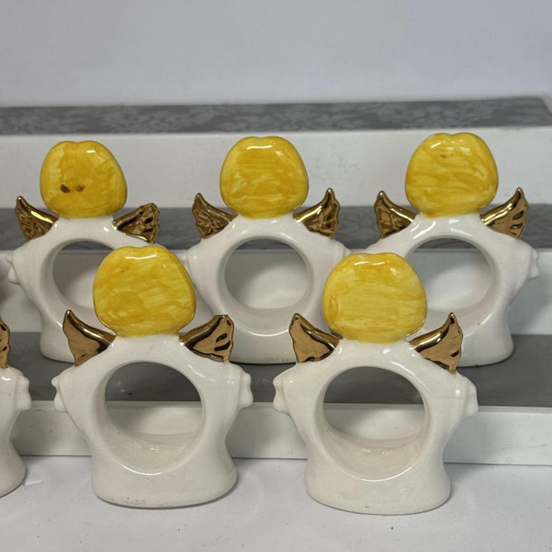 VTG Ceramic Set 8 Standing Angel Napkin Holders Rings White Christmas Dinner image 6