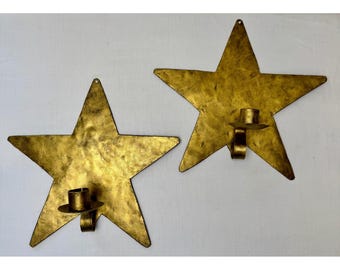 Vintage Pair Celestial Gold Metal Star Wall Candle Sconces Whimsigoth Boho Decor