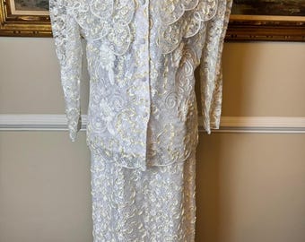 Vintage Ivory Lace Skirt Suit Set Floral Soutache Portrait Collar Maxi  Sz 14