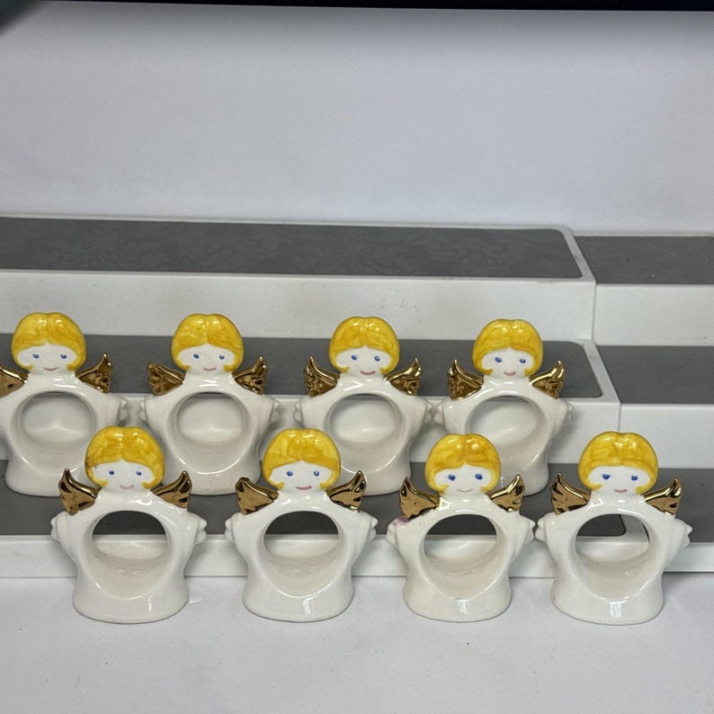 VTG Ceramic Set 8 Standing Angel Napkin Holders Rings White Christmas Dinner image 10