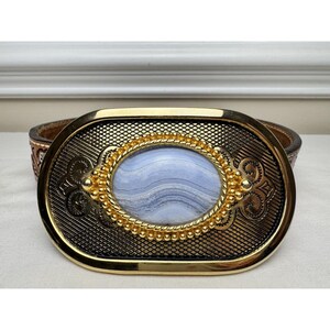 Vintage Italian Blue Suede Belt Gold Multi Stone Cabochon Buckle Boho Large 36 Western Belt Buckle Gold Blue Stone Cabochon – Buckle My Belt main image 2