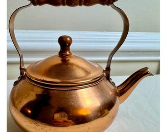 Vintage 1984 FTD Copper Tea Kettle Wood Handle Farmhouse Coutry Kitchen Decor