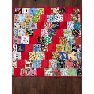 May include: A patchwork quilt with a red border and backing. The quilt top is composed of various fabric squares in a grid pattern. The squares feature a variety of patterns and images, including animals, food, and floral designs.