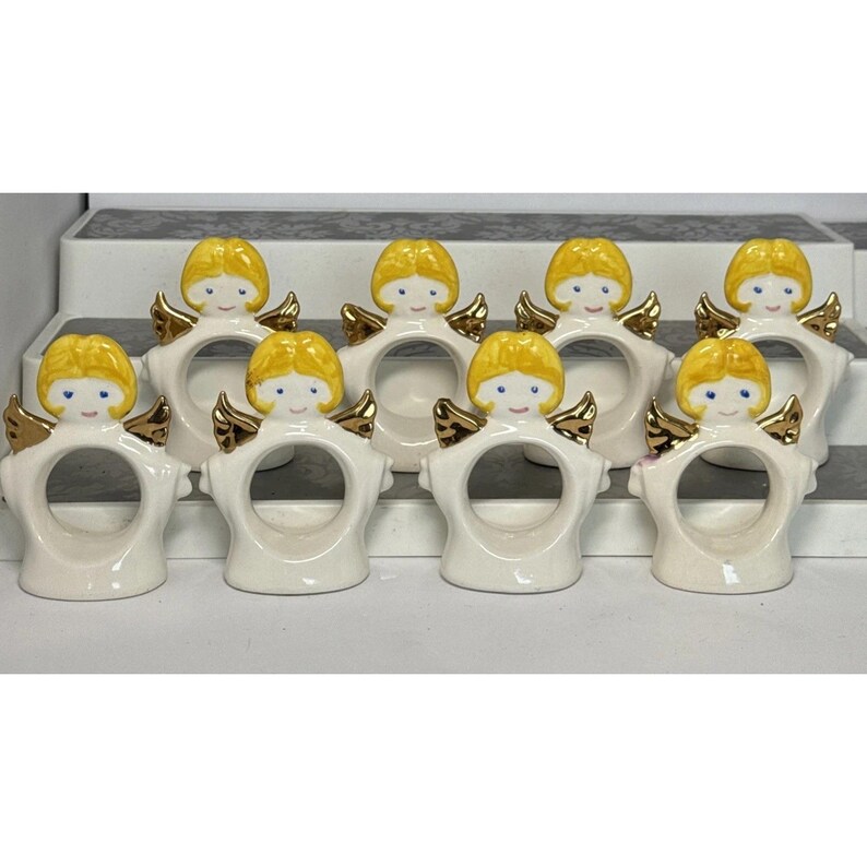 VTG Ceramic Set 8 Standing Angel Napkin Holders Rings White Christmas Dinner image 2
