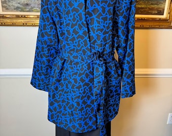 Vintage Blue Black Geometric Pattern Belted Open Front Blazer Skirt Suit Sz 20