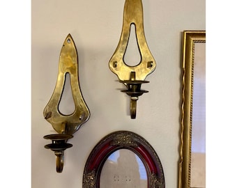 Vintage Solid Brass Wall Sconce Candle Holders Set 2 Gold Teardrop MCM