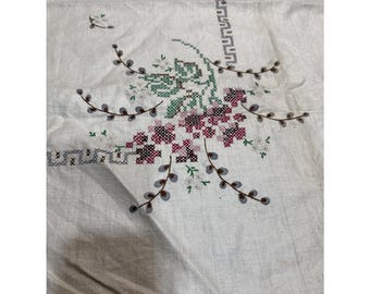 VTG Linen Hand Embroidered Cross Stitch Tablecloth Floral 54x68" Grandma Made