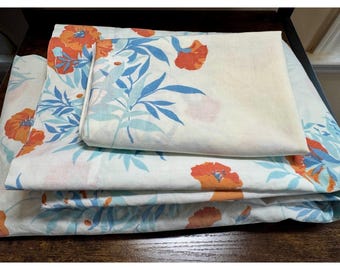 VTG 4 Pc Twin Sheet Set Floral 70s Orange Blue Flowers Percale USA