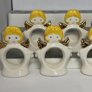 VTG Ceramic Set 8 Standing Angel Napkin Holders Rings White Christmas Dinner image 1